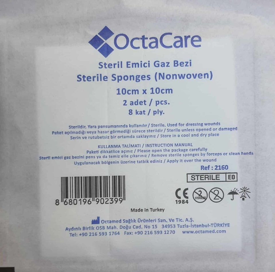 OctaCare Steril Emici Gaz Bezi 10×10 cm 8 Katlı İkili Steril Paket 150 Kutu
