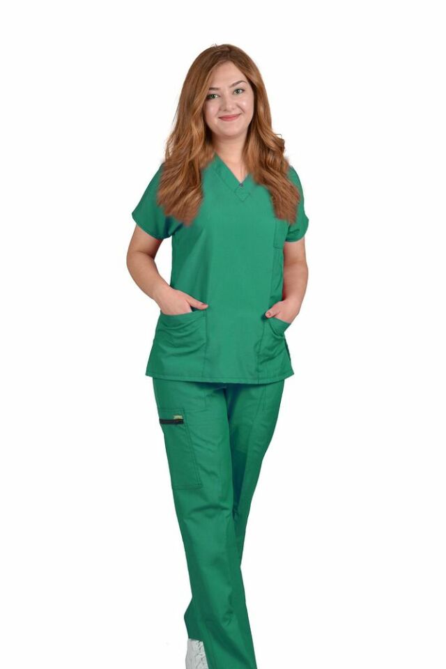 Kadın Cerrahi Üniforma Ameliyathane Yeşili Grey's Anatomy Yarasa Kol